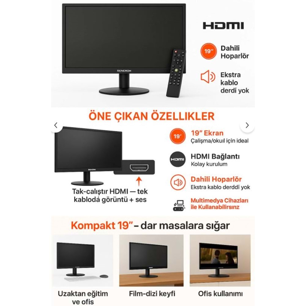 SENCROM 19 İNÇ SESLİ HOPARLÖRLÜ HDMI VGA GİRİŞLİ MONİTÖR