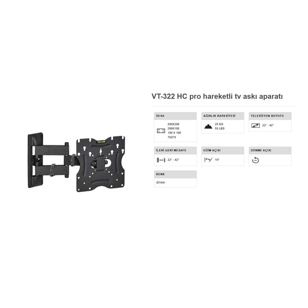 Vontech VT-322HC 22 inç ile 42 inç LCD LEDTV ÇİFT KOLLU HAREKETLİ ASKI APARATI 222010