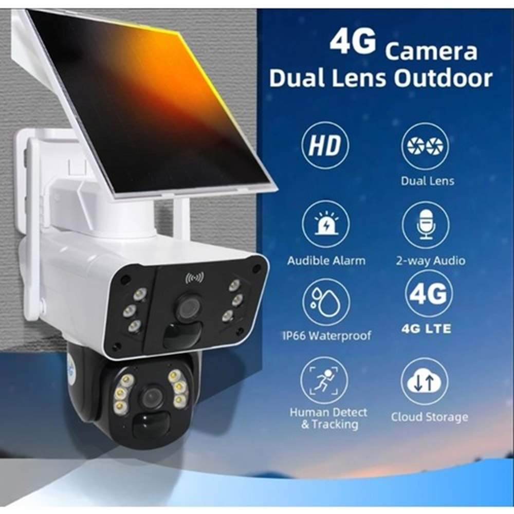 PLUS RAMTECH 4MP + 4 MP = 8 MP ÇİFT LENS GECE GÖRÜŞLÜ SOLAR SiM KARTLI 4G SESLİ ALARMLI KAMERA 231097