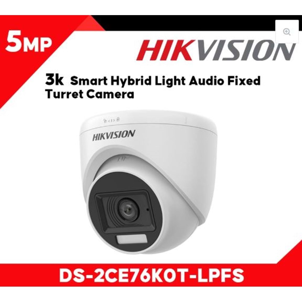 Hikvision DS-2CE76K0T-LPFS 5 MP 3K Smart Hybrid Dahili SESLİ Mikrofonlu AHD Dome Kamera