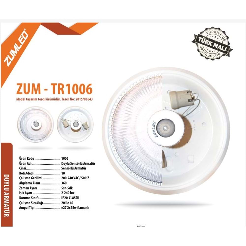 ZUMLED E27 DUYLU RADAR SENSÖRLÜ ARMATÜR PLASTİK KASA 312440