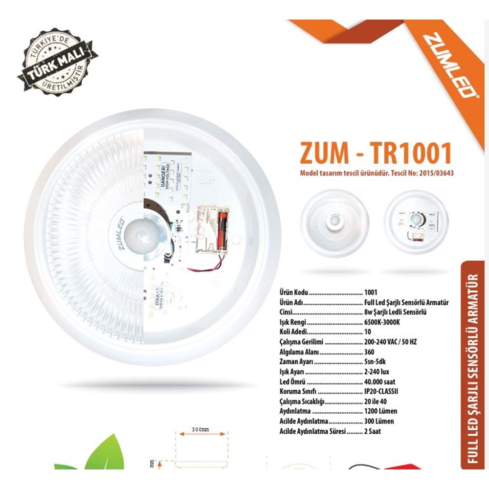 ZUMLED FULL LEDLİ ŞARJLI RADAR SENSÖRLÜ ARMATÜR PLASTİK KASA 312441
