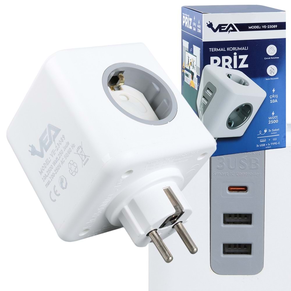 VEA VE-23089 2x USB 1x Type-C 3'lü Çocuk Ve Termal Korumalı Grup Priz 323086