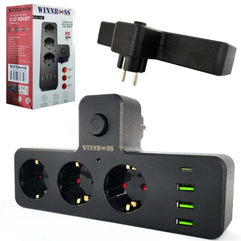 Wınnboss Wn-3397 Akım Korumalı Priz Üçlü Anahtarlı 3xusb 1xtype-C 10a 2500w 323090