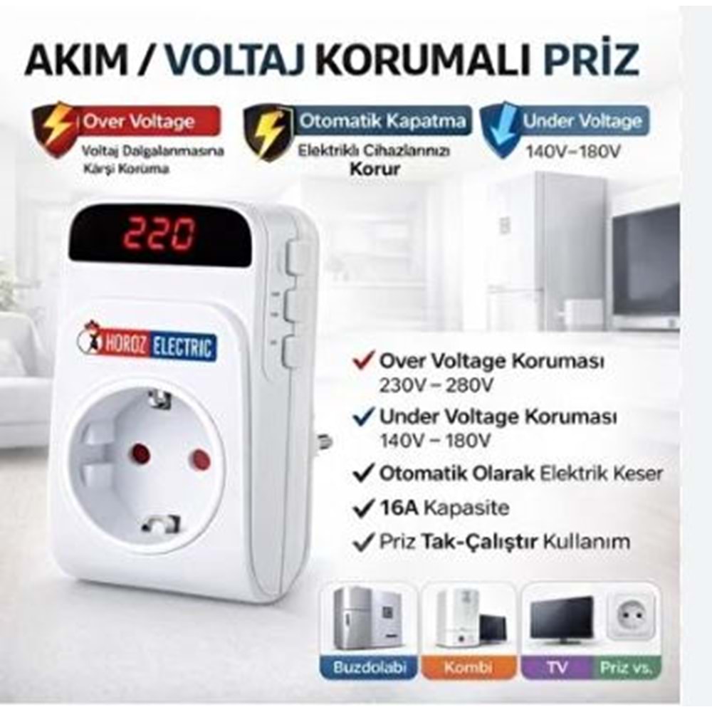 Horoz PROTEX-R Voltaj Korumalı Priz – Dijital Ekranlı, Ayarlanabilir Aşırı & Düşük Voltaj Koruması