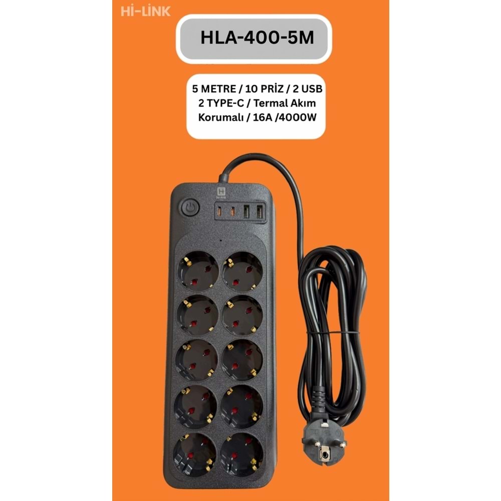 Hİ-LİNK HLA-400-5 5 METRE 10 PRİZ 2 USB 2 TYPE-C Termal Akım Korumalı 16A 4000W 344500