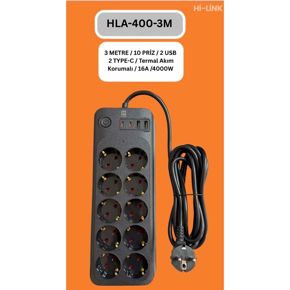 Hİ-LİNK HLA-400-3 3 METRE 10 PRİZ 2 USB 2 TYPE-C Termal Akım Korumalı 16A 4000W 344501