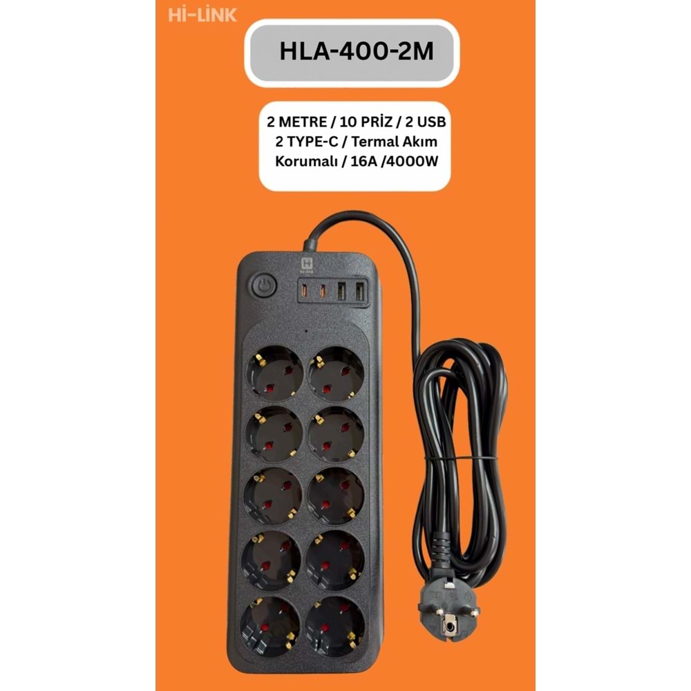 Hİ-LİNK HLA-400-2 2 METRE 10 PRİZ 2 USB 2 TYPE-C Termal Akım Korumalı 16A 4000W 344502