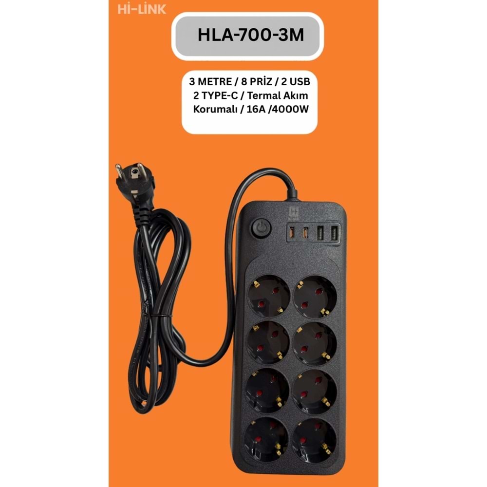 Hİ-LİNK HLA-700-3 3 METRE 8 PRİZ 2 USB 2 TYPE-C Termal Akım Korumalı 16A 4000W 344504