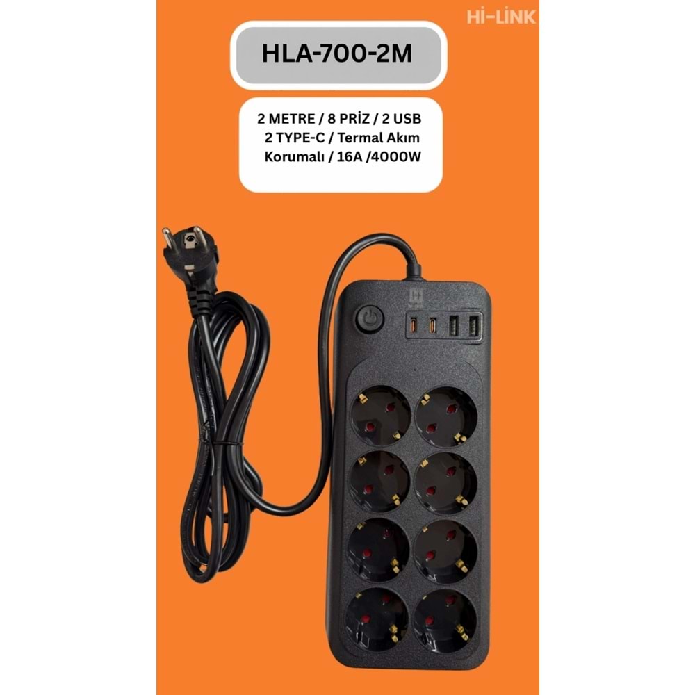 Hİ-LİNK HLA-700-2 2 METRE 8 PRİZ 2 USB 2 TYPE-C Termal Akım Korumalı 16A 4000W 344505