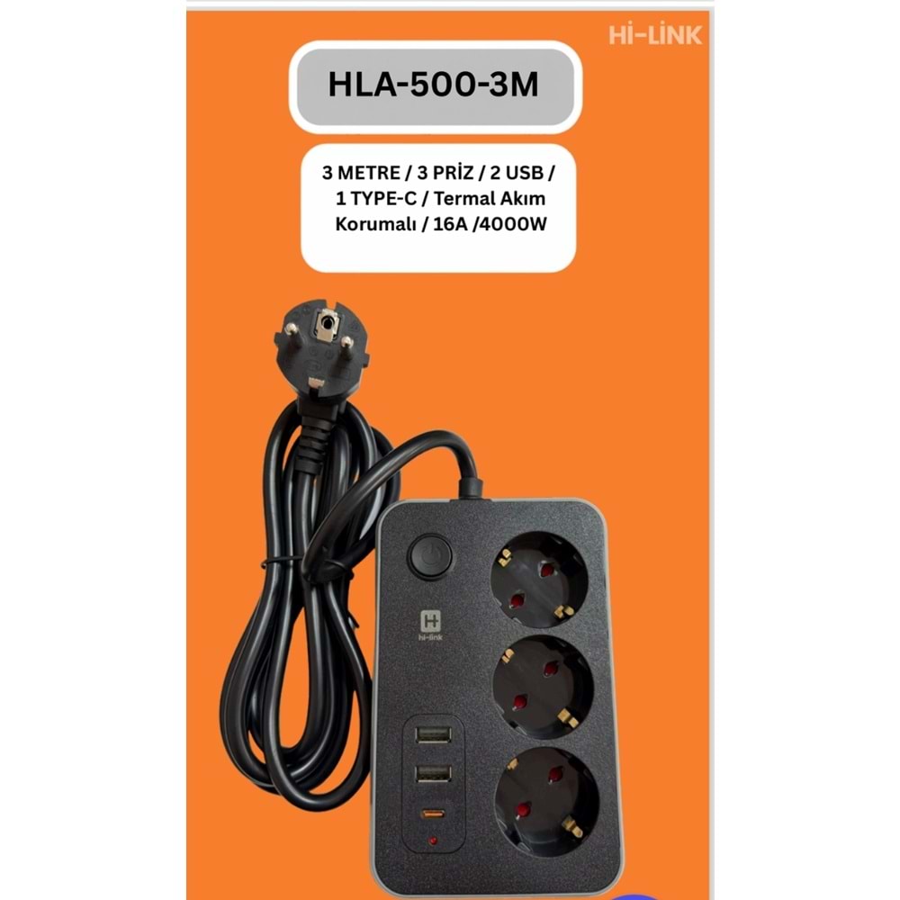 Hİ-LİNK HLA-500-3 3 METRE 3 PRİZ 2 USB 1 TYPE-C Termal Akım Korumalı 16A 4000W 344513