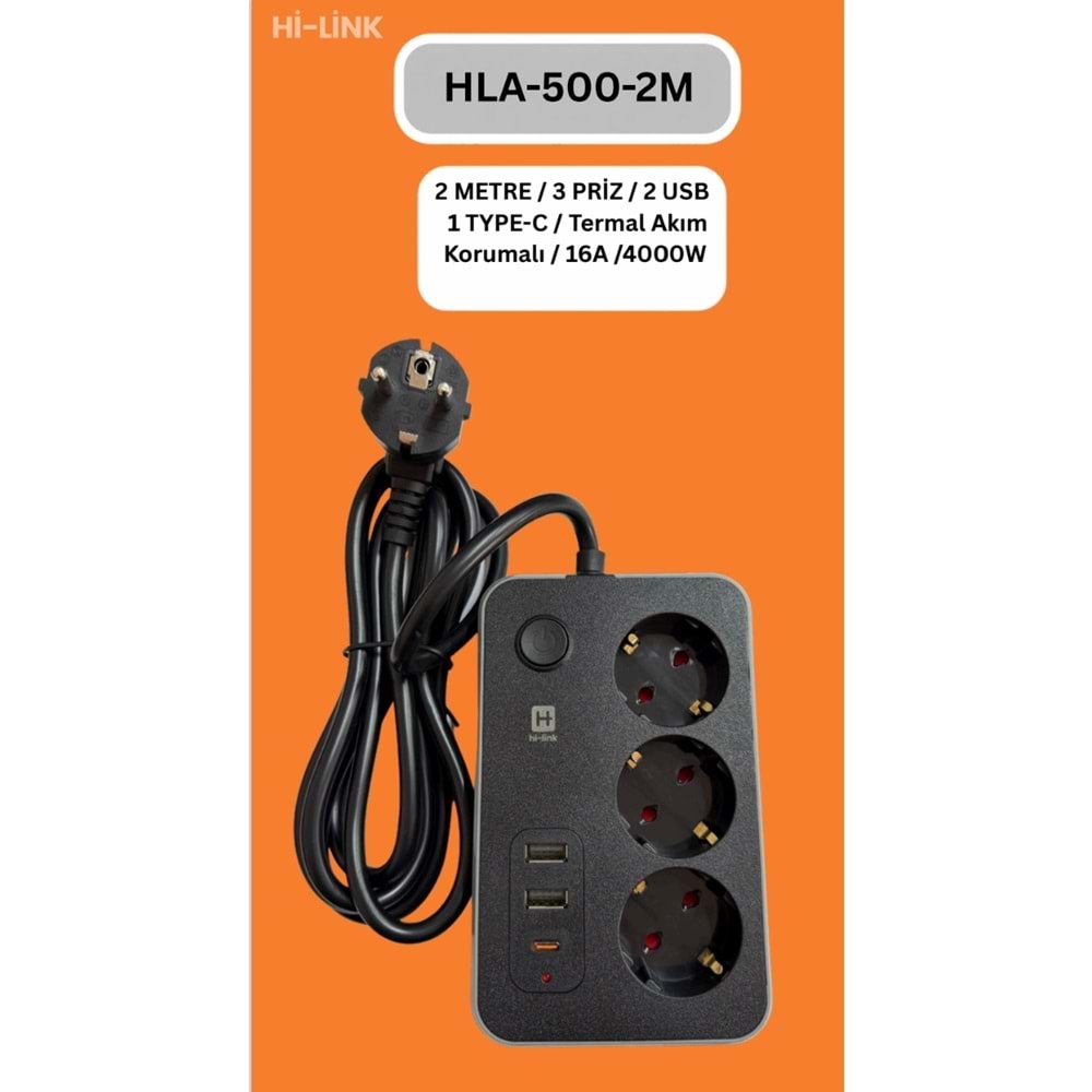 Hİ-LİNK HLA-500-2 2 METRE 3 PRİZ 2 USB 1 TYPE-C Termal Akım Korumalı 16A 4000W 344514