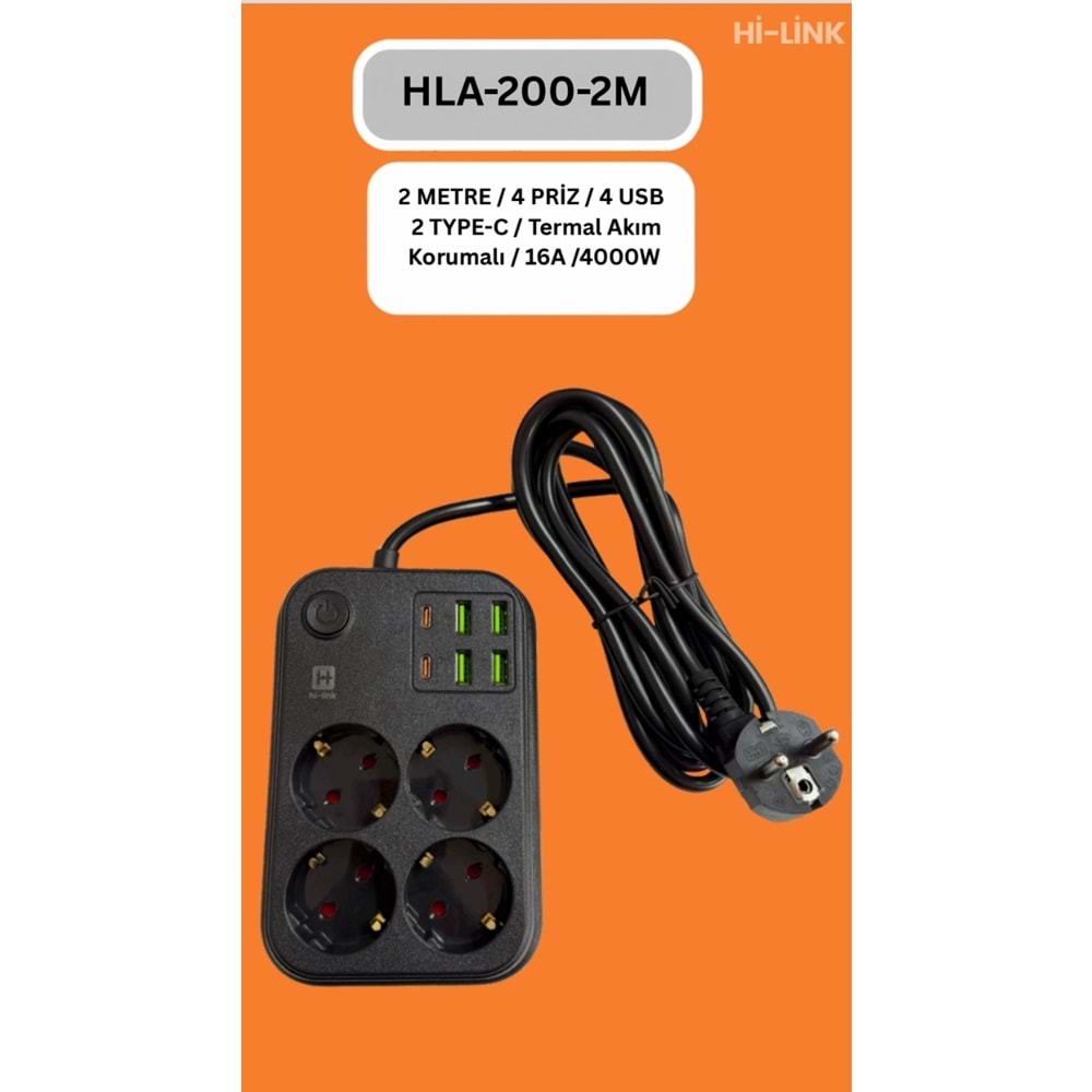 Hİ-LİNK HLA-200-2 2 METRE 4 PRİZ 4 USB 2 TYPE-C Termal Akım Korumalı 16A 4000W 344517