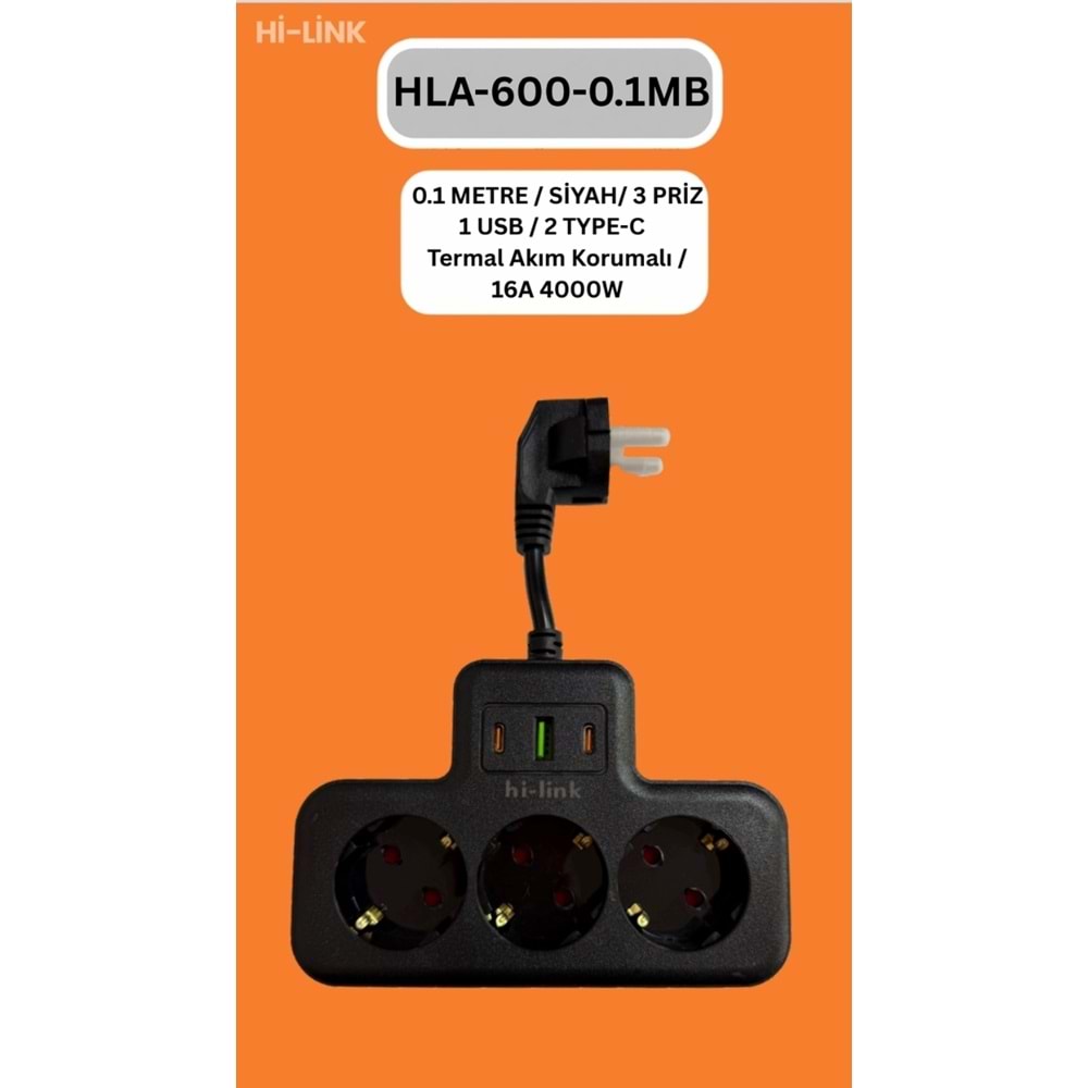 Hİ-LİNK HLA-600-01S 20CM SİYAH 3 PRİZ 1 USB 2 TYPE-C Termal Akım Korumalı 16A 4000W 344519