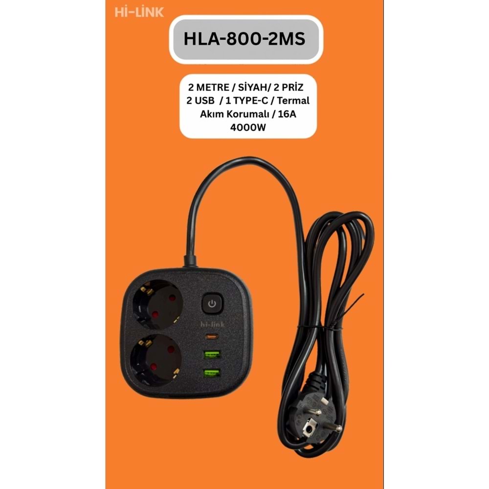 Hİ-LİNK HLA-800-2S 2 METRE SİYAH 2 PRİZ 2 USB 1 TYPE-C Termal Akım Korumalı 16A 4000W 344521