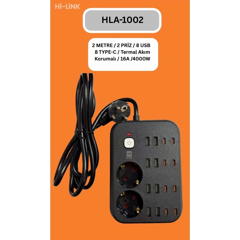 Hİ-LİNK HLA-1002 2 METRE 2 PRİZ 8 USB 8 TYPE-C Termal Akım Korumalı 16A 4000WW 344522