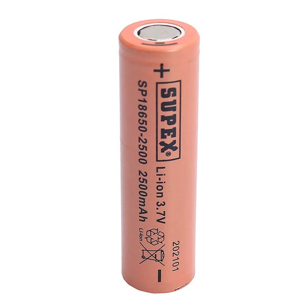 Supex 18650-2500 3.7v 2500 Mah Düz Kafa Li-Ion Pil TEKLİ PİL 661216