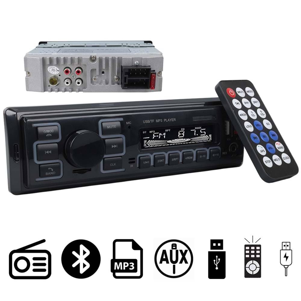 CARSTAR CS-970 7 RENKLİ ÇİFT USB/SD/FM/AUX/BLUETOOTH KUMANDALI OTO TEYP 4X60 WATT 755055