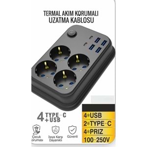 Wınnboss 3441 Termal Akım Korumalı 16a 4 lu Priz 6xusb 2Metre Anahtarlı Uzatma Kablo 323202