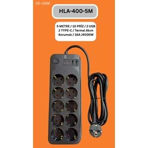 Hİ-LİNK HLA-400-5 5 METRE 10 PRİZ 2 USB 2 TYPE-C Termal Akım Korumalı 16A 4000W 344500