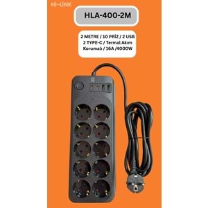 Hİ-LİNK HLA-400-2 2 METRE 10 PRİZ 2 USB 2 TYPE-C Termal Akım Korumalı 16A 4000W 344502