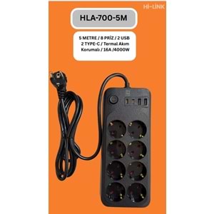 Hİ-LİNK HLA-700-5 5 METRE 8 PRİZ 2 USB 2 TYPE-C Termal Akım Korumalı 16A 4000W 344503