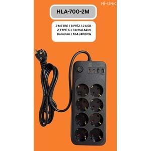 Hİ-LİNK HLA-700-2 2 METRE 8 PRİZ 2 USB 2 TYPE-C Termal Akım Korumalı 16A 4000W 344505