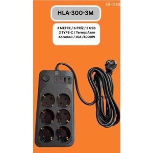 Hİ-LİNK HLA-300-3 3 METRE 6 PRİZ 2 USB 2 TYPE-C Termal Akım Korumalı 16A 4000W 344507