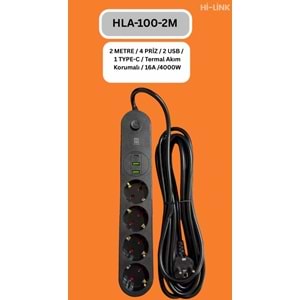 Hİ-LİNK HLA-100-2 2 METRE 4 PRİZ 2 USB 1 TYPE-C Termal Akım Korumalı 16A 4000W 344509