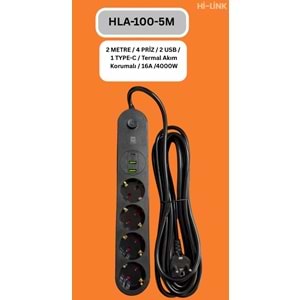Hİ-LİNK HLA-100-5 5 METRE 4 PRİZ 2 USB 1 TYPE-C Termal Akım Korumalı 16A 4000W 344511