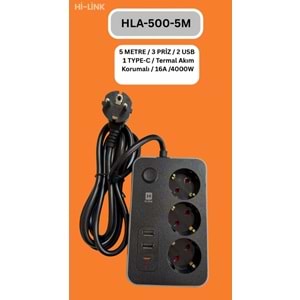 Hİ-LİNK HLA-500-5 5 METRE 3 PRİZ 2 USB 1 TYPE-C Termal Akım Korumalı 16A 4000W 344512