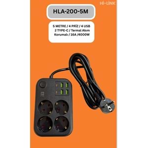 Hİ-LİNK HLA-200-5 5 METRE 4 PRİZ 4 USB 2 TYPE-C Termal Akım Korumalı 16A 4000W 344515