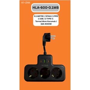 Hİ-LİNK HLA-600-01S 20CM SİYAH 3 PRİZ 1 USB 2 TYPE-C Termal Akım Korumalı 16A 4000W 344519