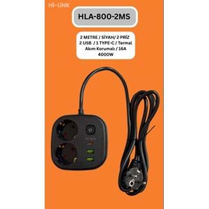 Hİ-LİNK HLA-800-2S 2 METRE SİYAH 2 PRİZ 2 USB 1 TYPE-C Termal Akım Korumalı 16A 4000W 344521