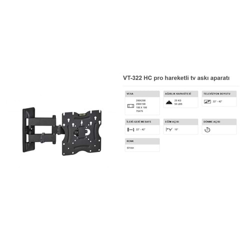 Vontech VT-322HC 22 inç ile 42 inç LCD LEDTV ÇİFT KOLLU HAREKETLİ ASKI APARATI 222010