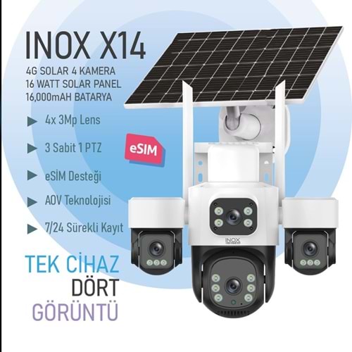 INOX X14 E-SİM KARTLI SOLAR GÜNEŞ ENERJİLİ 4 KAMERALI 4 LENSLİ PTZ KAMERA