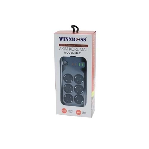 Wınnboss 3421 Termal Akım Kısa Devre Korumalı 6lı Priz 2+2 Usb-type-c 2mt Anahtarlı Uzatma Kablosu 323098