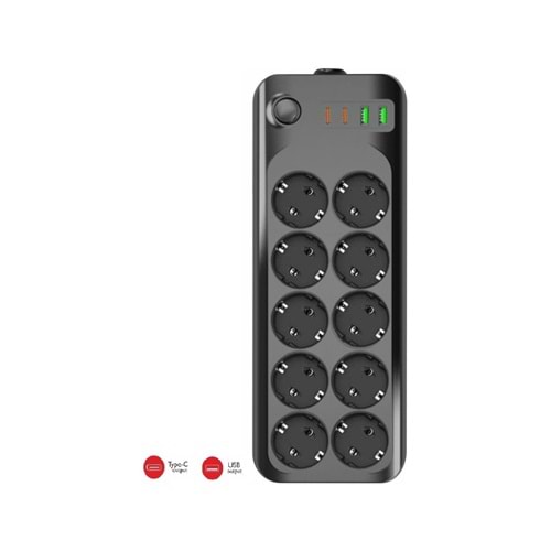 Wınnboss 3423 Termal Akım Kısa Devre Korumalı 10 lu Priz 2+2 Usb-type-c 2mt Anahtarlı Uzatma Kablosu 323100