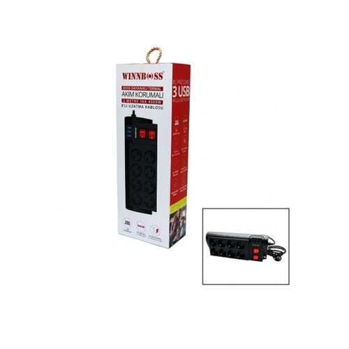 Wınnboss 3411 Termal Akım Korumalı 16a 8 lu Priz 3xusb 2Metre Anahtarlı Uzatma Kablo 323101