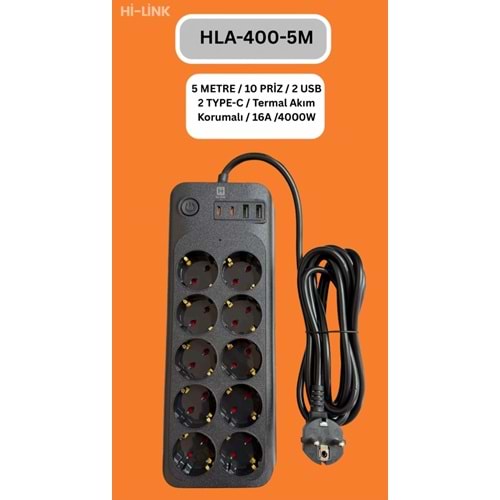 Hİ-LİNK HLA-400-5 5 METRE 10 PRİZ 2 USB 2 TYPE-C Termal Akım Korumalı 16A 4000W 344500