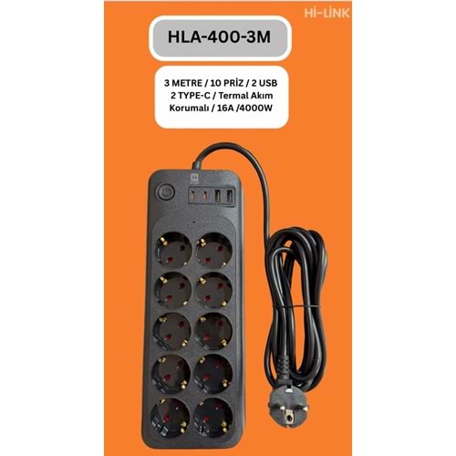 Hİ-LİNK HLA-400-3 3 METRE 10 PRİZ 2 USB 2 TYPE-C Termal Akım Korumalı 16A 4000W 344501