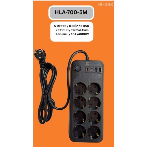 Hİ-LİNK HLA-700-5 5 METRE 8 PRİZ 2 USB 2 TYPE-C Termal Akım Korumalı 16A 4000W 344503