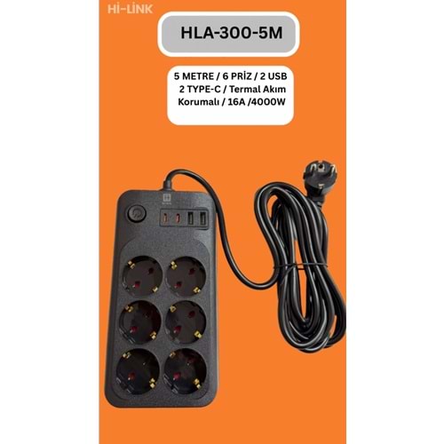 Hİ-LİNK HLA-300-5 5 METRE 6 PRİZ 2 USB 2 TYPE-C Termal Akım Korumalı 16A 4000W 344506