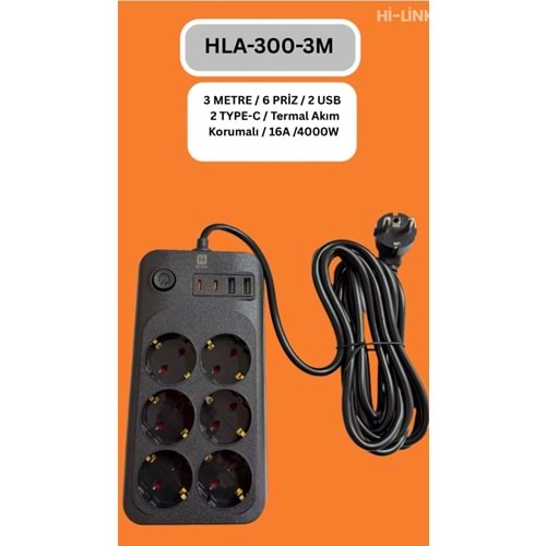 Hİ-LİNK HLA-300-3 3 METRE 6 PRİZ 2 USB 2 TYPE-C Termal Akım Korumalı 16A 4000W 344507