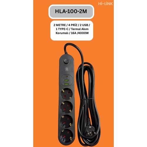 Hİ-LİNK HLA-100-2 2 METRE 4 PRİZ 2 USB 1 TYPE-C Termal Akım Korumalı 16A 4000W 344509