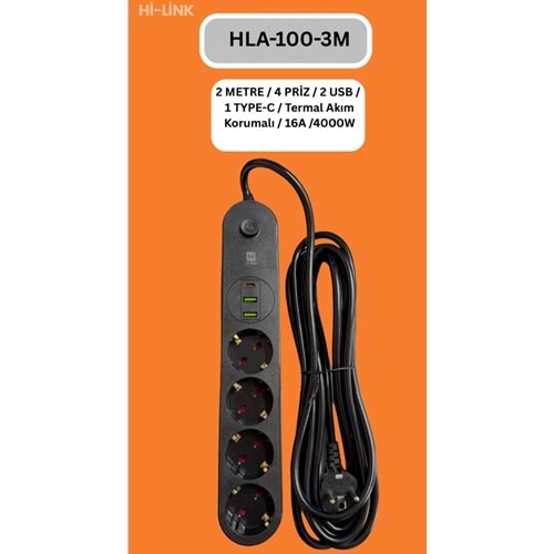 Hİ-LİNK HLA-100-3 3 METRE 4 PRİZ 2 USB 1 TYPE-C Termal Akım Korumalı 16A 4000W 344510