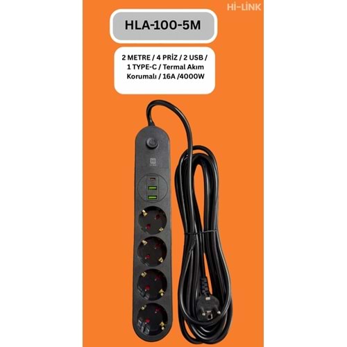 Hİ-LİNK HLA-100-5 5 METRE 4 PRİZ 2 USB 1 TYPE-C Termal Akım Korumalı 16A 4000W 344511