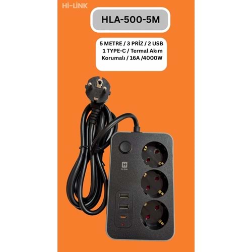 Hİ-LİNK HLA-500-5 5 METRE 3 PRİZ 2 USB 1 TYPE-C Termal Akım Korumalı 16A 4000W 344512