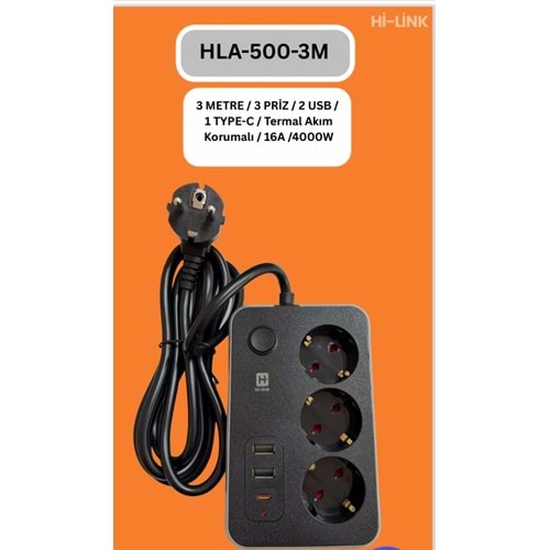 Hİ-LİNK HLA-500-3 3 METRE 3 PRİZ 2 USB 1 TYPE-C Termal Akım Korumalı 16A 4000W 344513