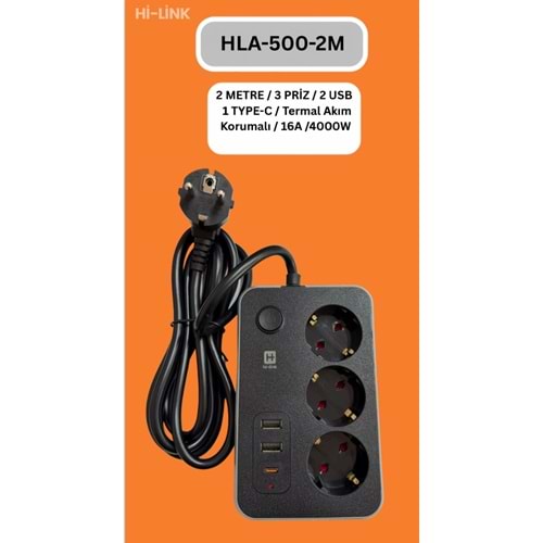 Hİ-LİNK HLA-500-2 2 METRE 3 PRİZ 2 USB 1 TYPE-C Termal Akım Korumalı 16A 4000W 344514